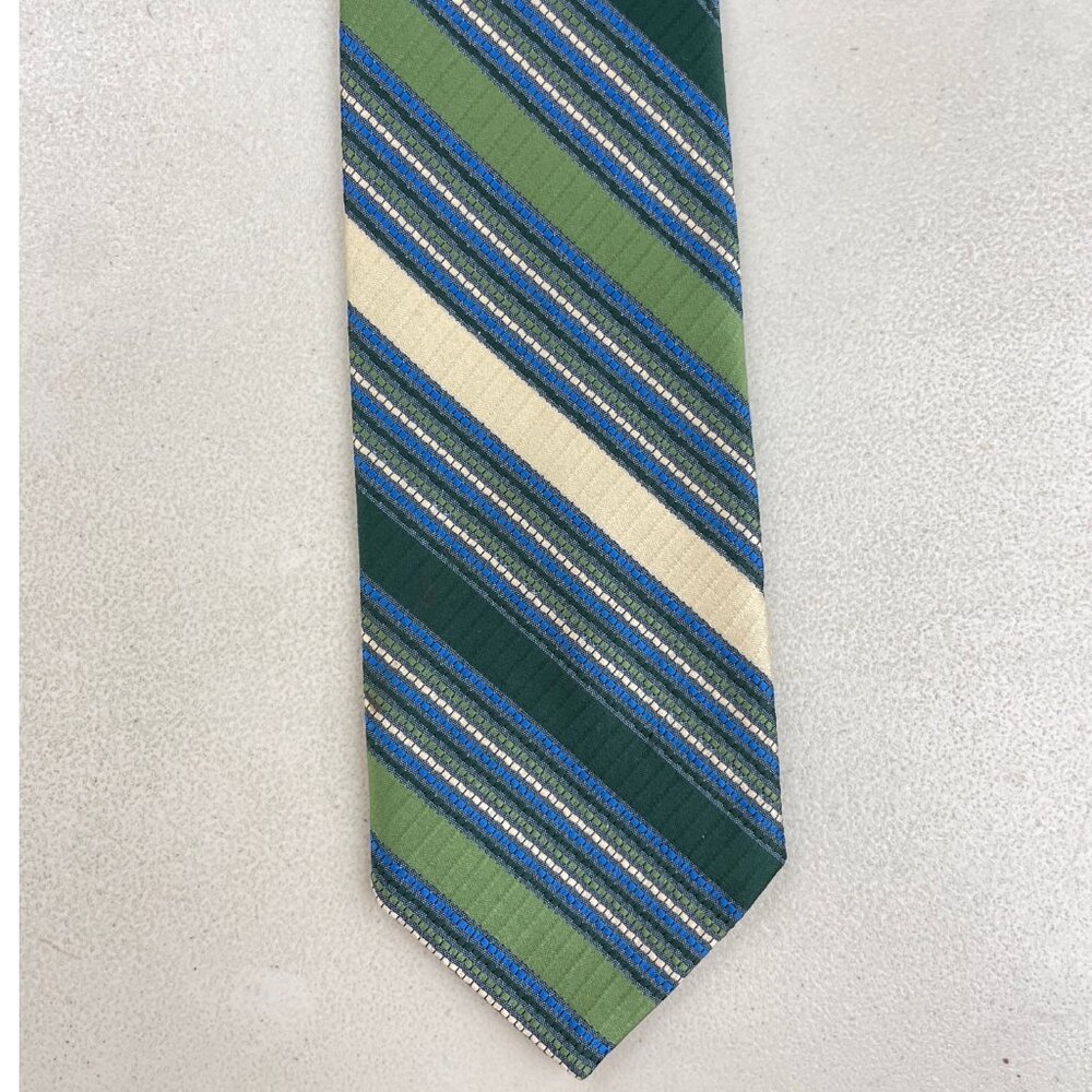 Vintage 1960s Mens Striped Jacquard Tie Diagonal Wide Necktie Green/Blue/Cream